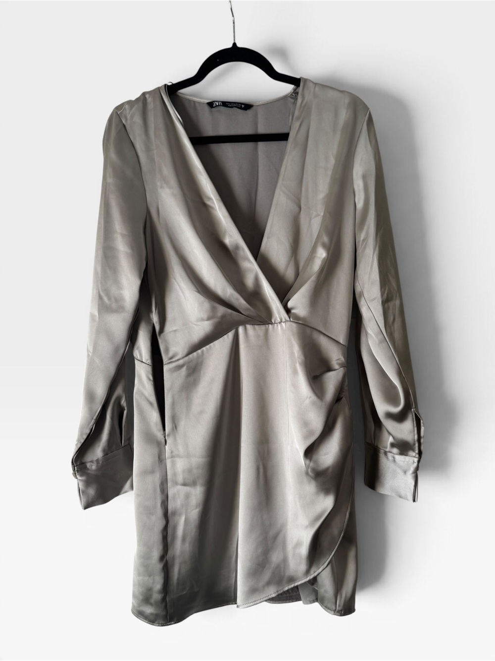 Zara Satin Faux Wrap Mini Dress in Silver Gray, Large - Picture 2 of 7